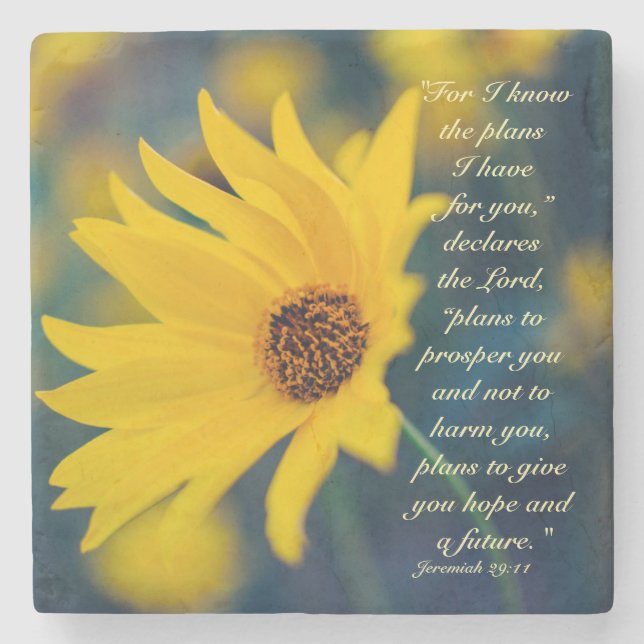 Bible Verse Jeremiah 29:11, Yellow Wildflower Stone Coaster (Front)