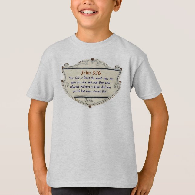Bible Verse John 3:16 Shield Kid's Tee Shirt (Front)