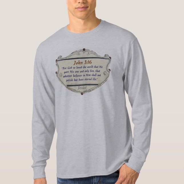 Bible Verse John 3:16 Shield Men's Long Sleeve Tee (Front)