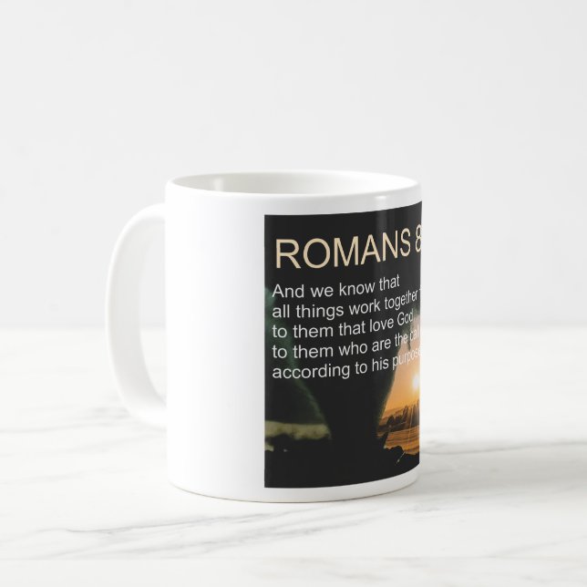 Bible Verse Mug Day 13, ROMANS 8:28 (Front Left)