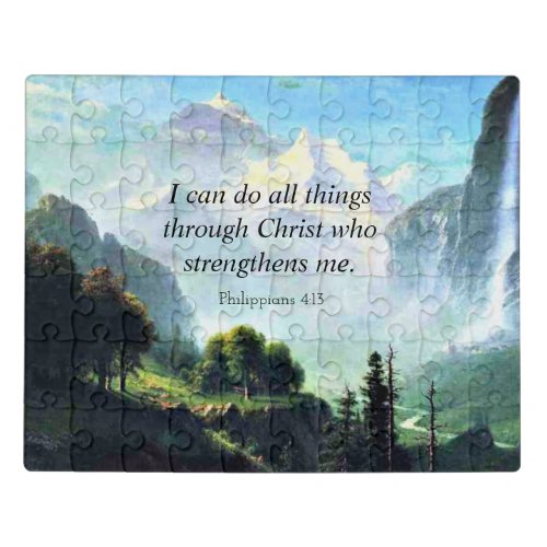 Bible verse Phil 413 on scenic landscape artwork Jigsaw Puzzle