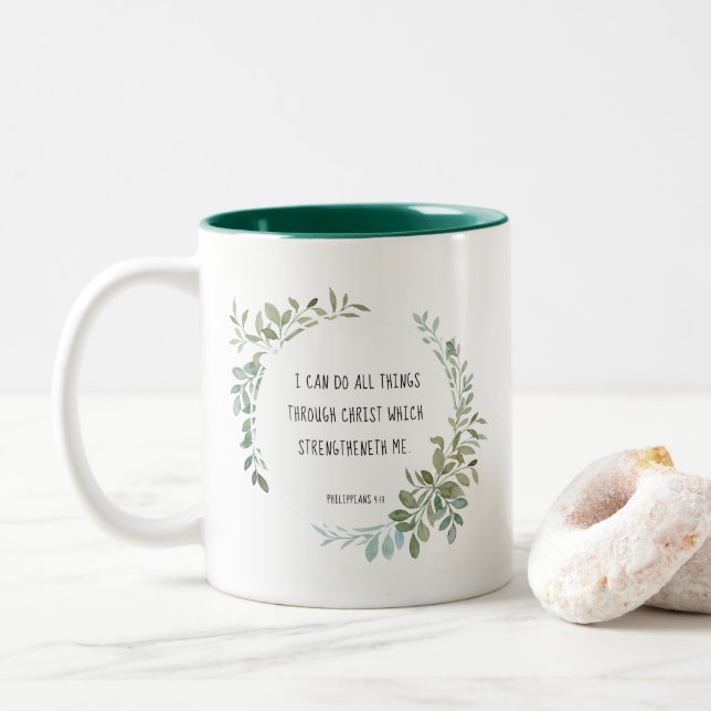 Bible verse, Philippians 4:13 Two-Tone Coffee Mug (With Donut)
