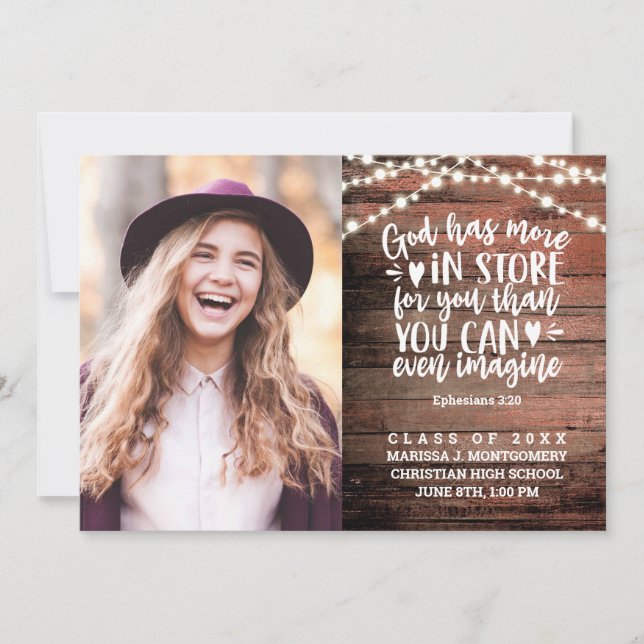 Bible Verse Photo Rustic String Lights Graduation Announcement (Front)