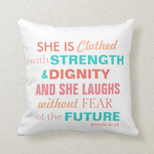 Bible Verse Proverbs 31:25 Pillow Pink Coral Aqua
