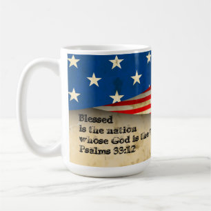 Bible Verse Psalms 33:12 on a Vintage USA Flag Mug