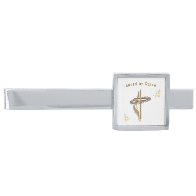 Bible Verse saved by Grace Silver Finish Tie Bar (Front)