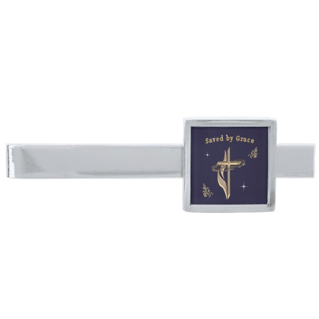 Bible Verse saved by Grace Silver Finish Tie Bar (Front)