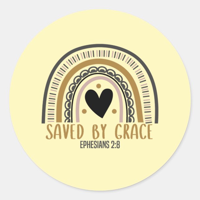 Bible Verse - Saved By Grace with Boho Rainbow Cla Classic Round Sticker (Front)