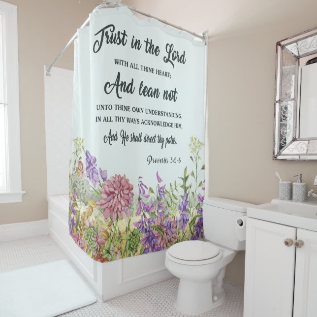 Bible Verse Shower Curtain With Flowers (In Situ)