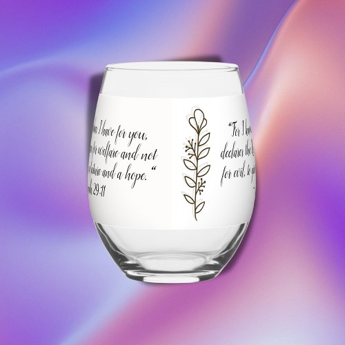 Bible Verse Simple Botanical Brown and White  Stemless Wine Glass