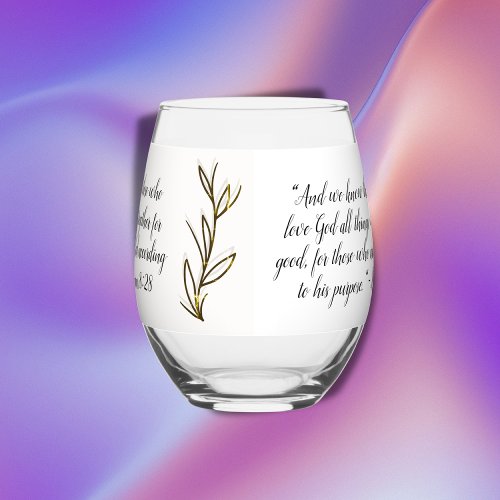 Bible Verse Simple Botanical Brown and White  Stemless Wine Glass