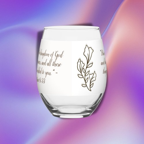 Bible Verse Simple Botanical Brown and White  Stemless Wine Glass