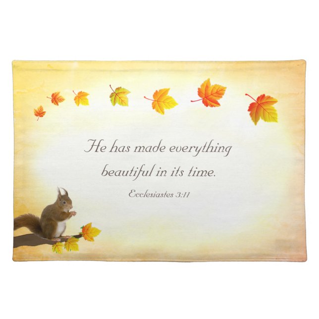 Bible Verse, Squirrel & Fall Leaves Cloth Placemat (Front)
