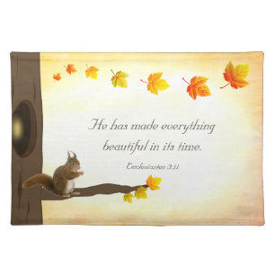 Bible Verse, Squirrel on Tree Trunk & Fall Leaves Cloth Placemat