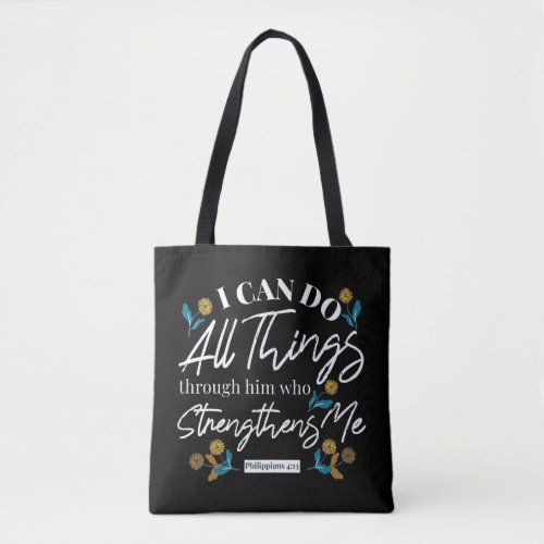 bible verse typography floral art black ver tote bag