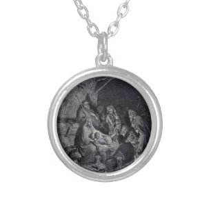 Biblical nativity scene silver plated necklace