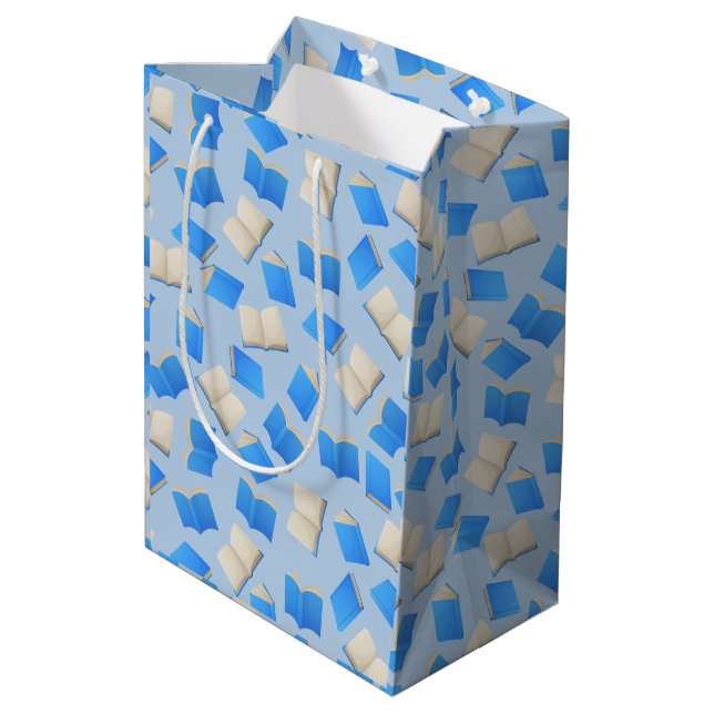 Bibliophile's Cascade of Blue Books Medium Gift Bag (Back Angled)