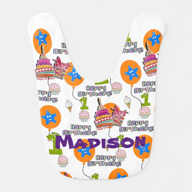 Bibs, #1 Happy Birthday First Birthday White Baby Bib (Front)
