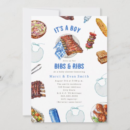 Bibs &amp; Ribs BBQ Cookout Boy Baby Shower  Invitation