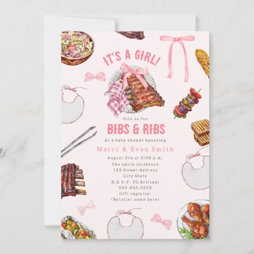 Bibs &amp; Ribs BBQ Cookout Girl Baby Shower Invitation