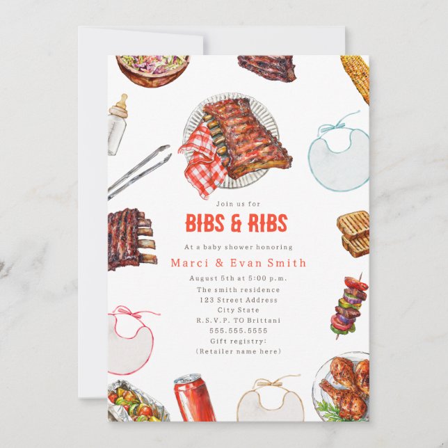 Bibs & Ribs BBQ Cookout Neutral Baby Shower  Invitation (Front)