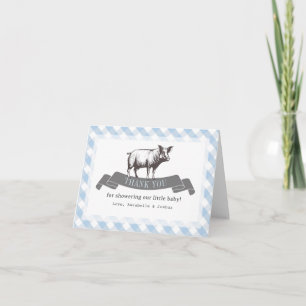 Bibs & Ribs BBQ Rustic Blue Gingham Baby Shower Letterpress Thank You Card