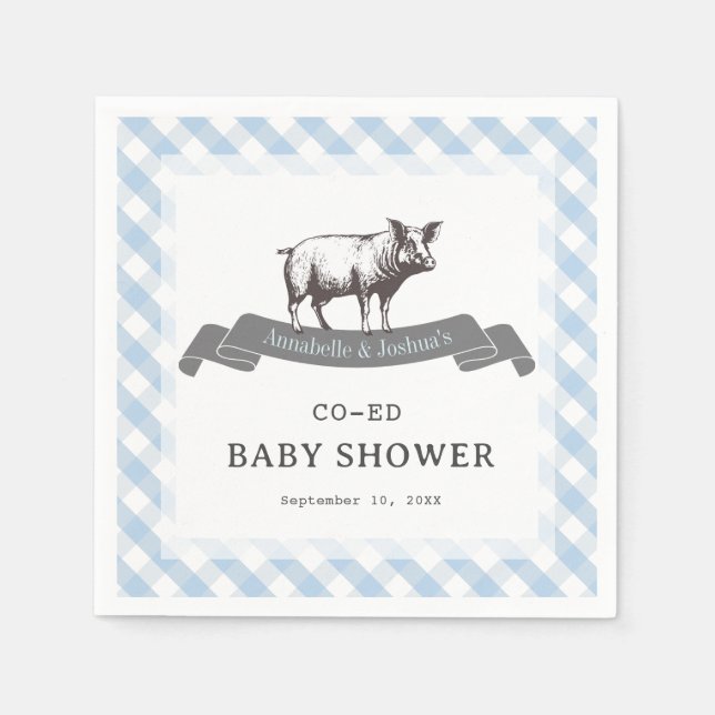 Bibs & Ribs BBQ Rustic Blue Gingham Baby Shower Napkins (Front)