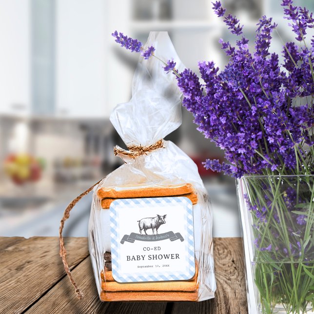 Bibs & Ribs BBQ Rustic Blue Gingham Baby Shower Square Sticker (Creator Uploaded)