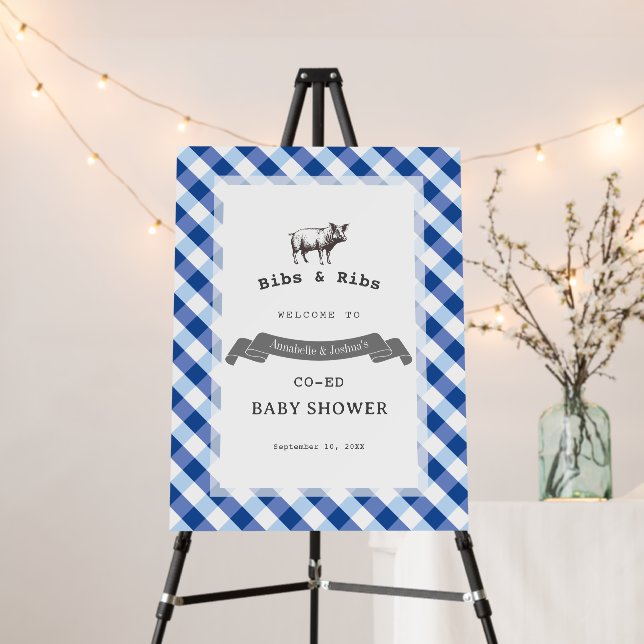 Bibs & Ribs BBQ Rustic Navy Gingham Baby Shower Foam Board (In Situ (Stand))