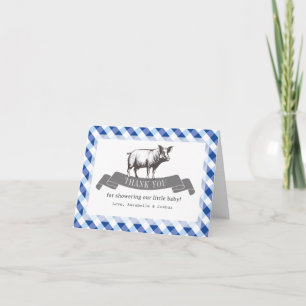 Bibs & Ribs BBQ Rustic Navy Gingham Baby Shower Letterpress Thank You Card