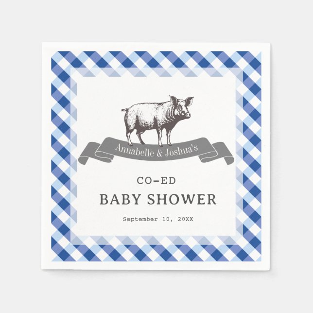 Bibs & Ribs BBQ Rustic Navy Gingham Baby Shower Napkins (Front)