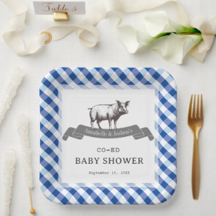 Bibs & Ribs BBQ Rustic Navy Gingham Baby Shower Paper Plates