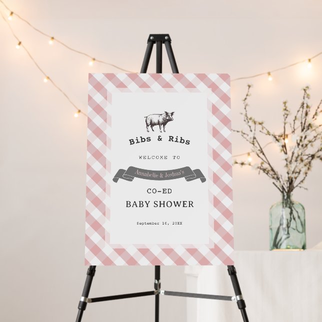 Bibs & Ribs BBQ Rustic Pink Gingham Baby Shower Foam Board (In Situ (Stand))