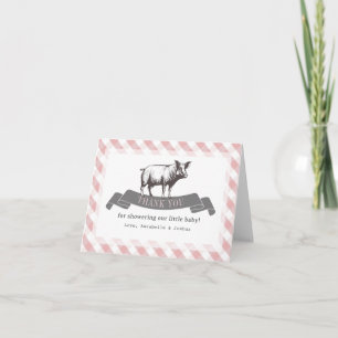 Bibs & Ribs BBQ Rustic Pink Gingham Baby Shower Letterpress Thank You Card