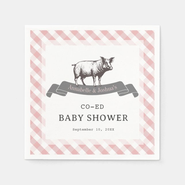 Bibs & Ribs BBQ Rustic Pink Gingham Baby Shower Napkins (Front)