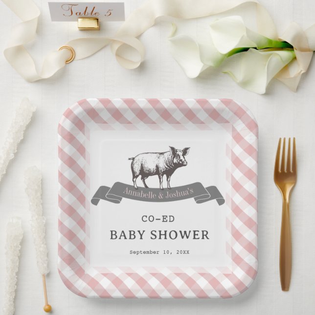 Bibs & Ribs BBQ Rustic Pink Gingham Baby Shower Paper Plates (Wedding)