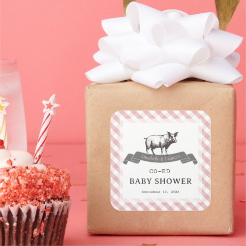 Bibs  Ribs BBQ Rustic Pink Gingham Baby Shower Square Sticker