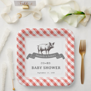 Bibs & Ribs BBQ Rustic Red Gingham Baby Shower Paper Plates