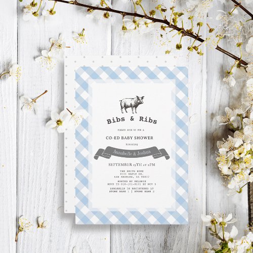 Bibs  Ribs Rustic Blue Gingham Co_Ed Baby Shower Invitation