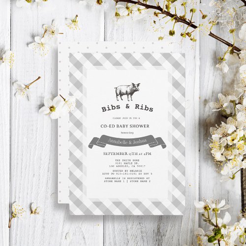 Bibs  Ribs Rustic Gray Gingham Co_Ed Baby Shower Invitation