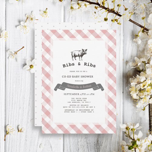 Bibs  Ribs Rustic Pink Gingham Co_Ed Baby Shower Invitation