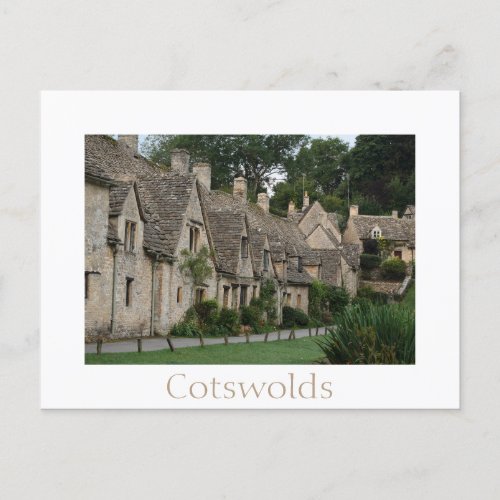 Bibury cottages with text postcard