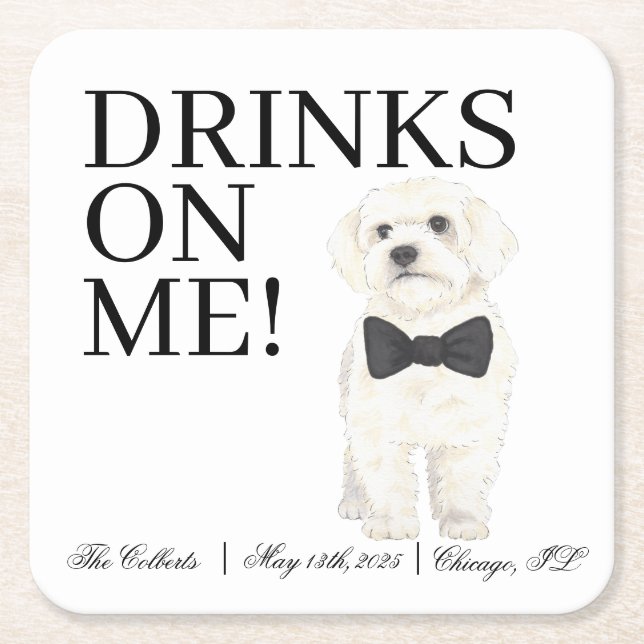 Bichon, Bolognese, Havanese, Maltese Wedding Square Paper Coaster (Front)