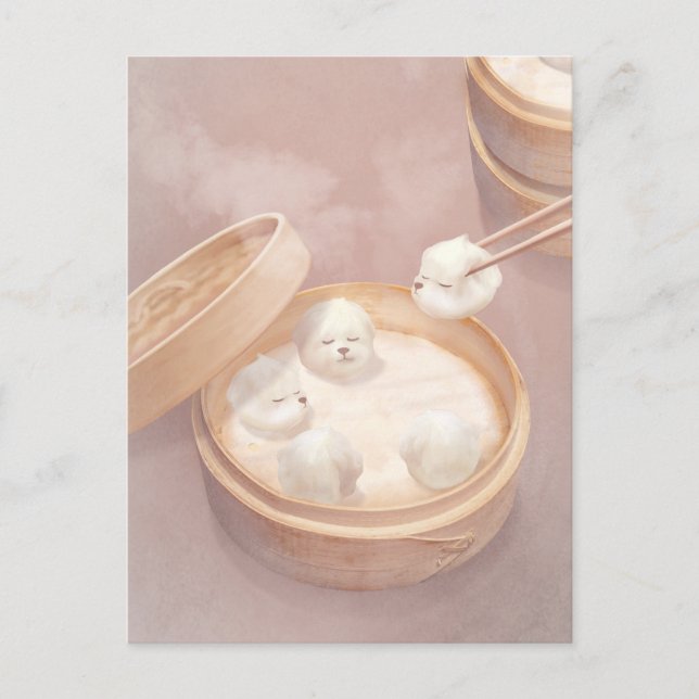 Bichon Dumplings: Cute Xiao Long Bao Dim Sum Art Announcement Postcard (Front)