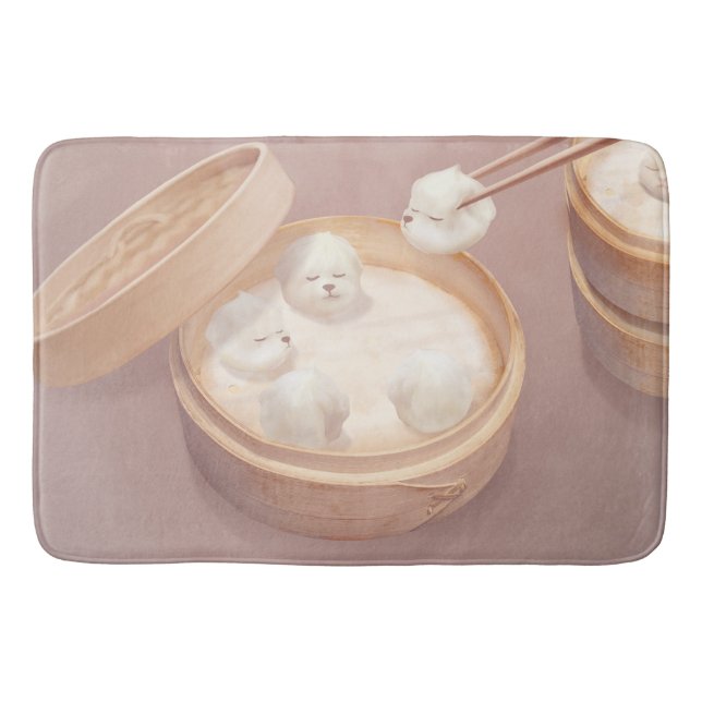 Bichon Dumplings: Cute Xiao Long Bao Dim Sum Art Bath Mat (Front)