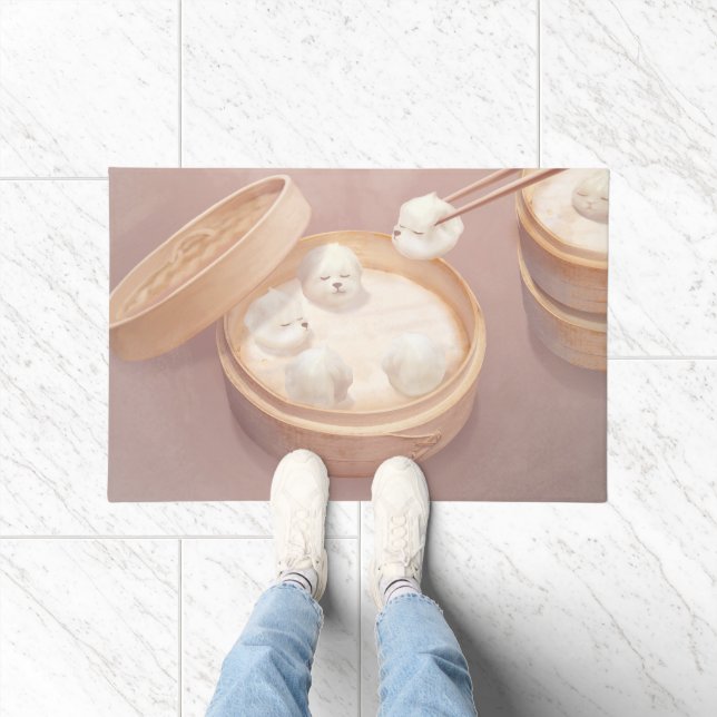 Bichon Dumplings: Cute Xiao Long Bao Dim Sum Art Doormat (Indoor)