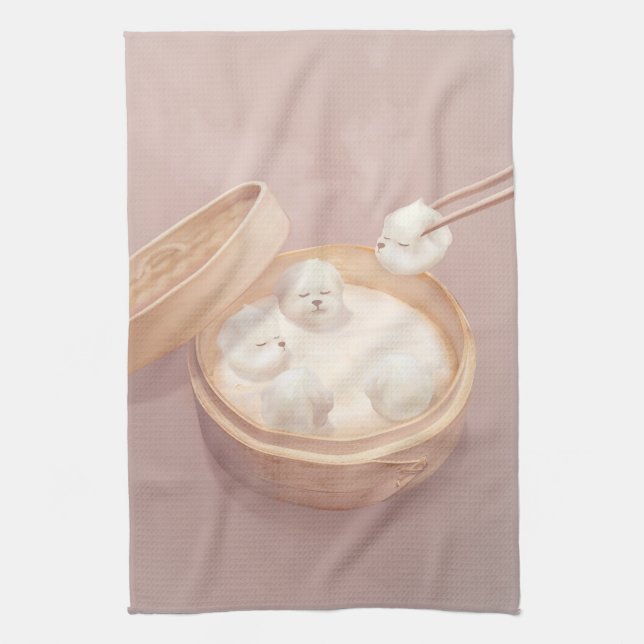 Bichon Dumplings: Cute Xiao Long Bao Dim Sum Art Kitchen Towel (Vertical)