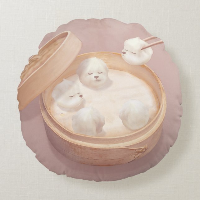 Bichon Dumplings: Cute Xiao Long Bao Dim Sum Art Round Pillow (Front)