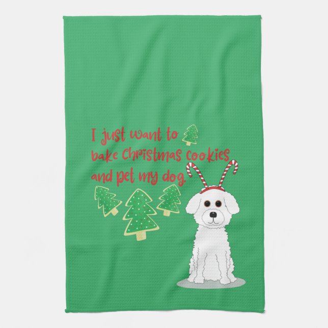 Bichon Frise and Christmas Cookie Humor Kitchen Towel (Vertical)
