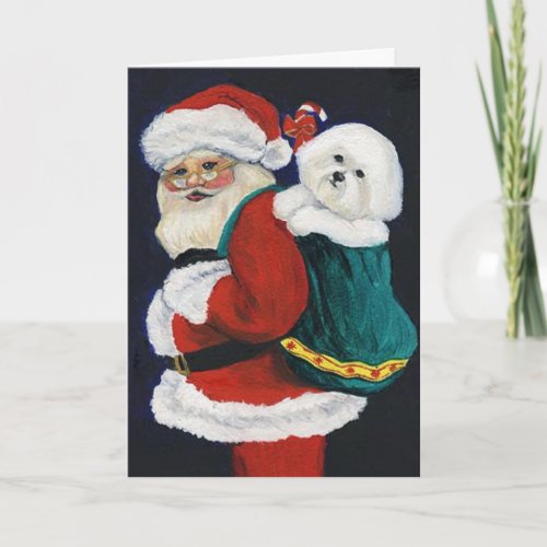 Bichon Frise and Santa Dog Art Christmas Card